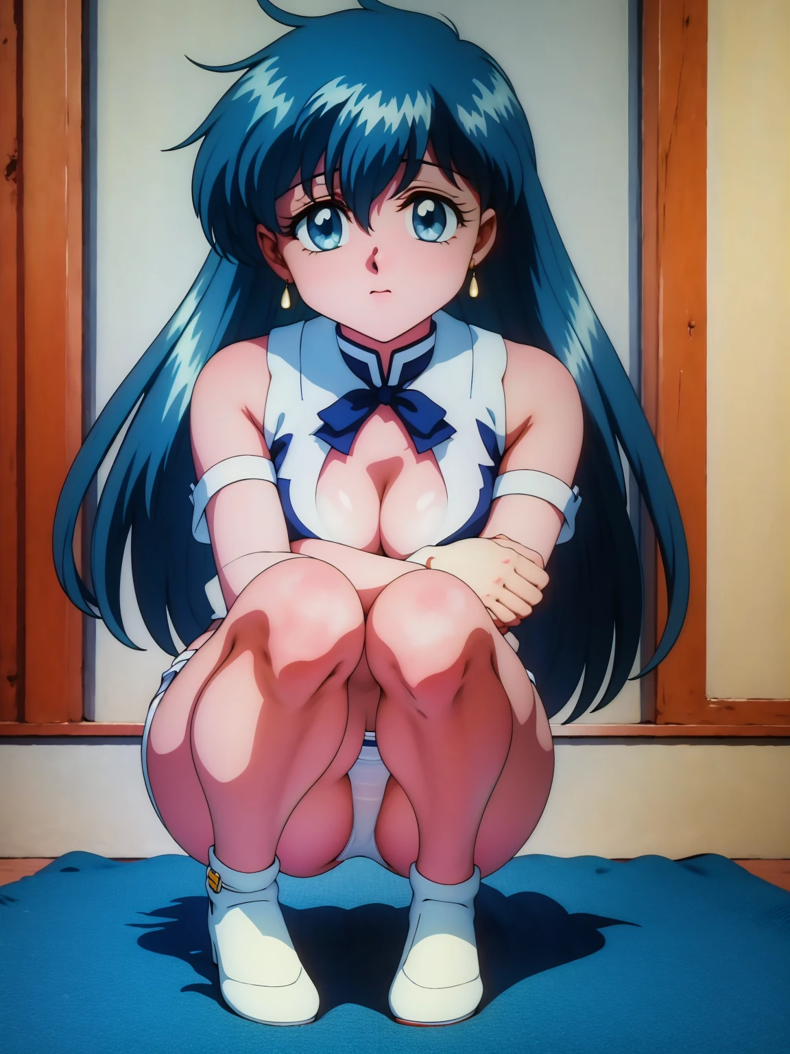 (masterpiece, Highest quality:1.2), Tiangong Gui, 1 girl, Lonely, Subtle blue hair color, White panties, Panty shot, squatting, pov