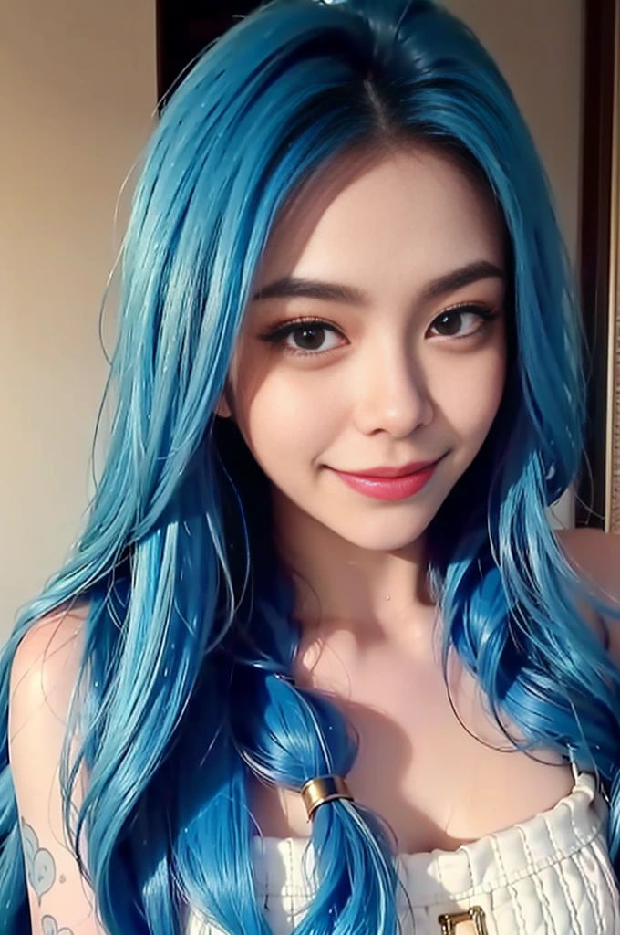 ((blue hair, 2girls, two girls, smiling touching and hugging each other, looking at the viewer:1.2)), During bedtime, bedroom, ((accentuated super huge enormously gigantic breasts:1.2)), mini thong, cleavage and underboob showing, cameltoe showing, sitting, high detailed real face, smile, beautiful , crop tank top, beautiful skin, high detailed skin, beautiful eyes, high detailed finger, high detailed hand, masterpiece,