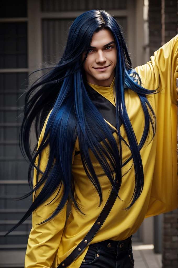 generates young adult with rough features, with dorsal plates on the back and a long tail , degenerates an image of long dark hair with blue tones, yellow eyes and red pupils , tall and muscular, with black clothes , with a mischievous and flirtatious smile 2d style