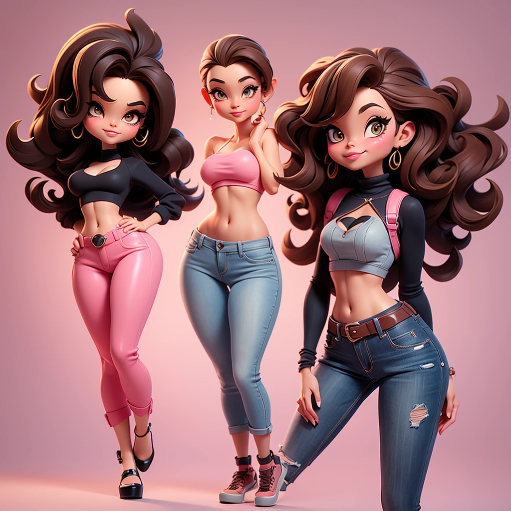 A sexy cartoon woman in jeans and pink crop top posing gracefully for a photo, beauty in jeans, wavy brown hair, Waist slender, cebelos black sexy girl, mulher de corpo inteiro, wearing jeans, beautiful seductive woman, slender figure, cartoon vector style, corpo pin-up, Broad Hips