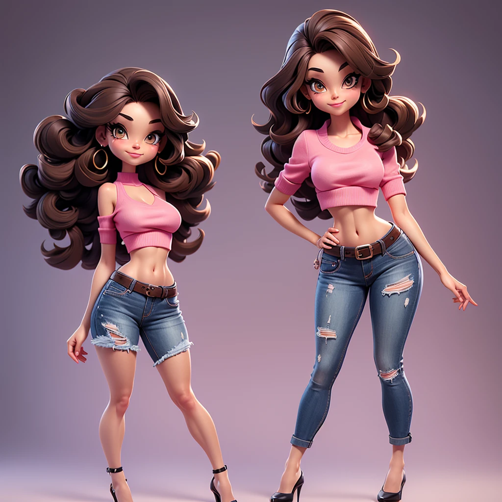  A sexy cartoon woman in jeans and pink crop top posing gracefully for a photo, beauty in jeans, wavy brown hair, Waist slender, cebelos black sexy girl, mulher de corpo inteiro, wearing jeans, beautiful seductive woman, slender figure, cartoon vector style, corpo pin-up, Broad Hips