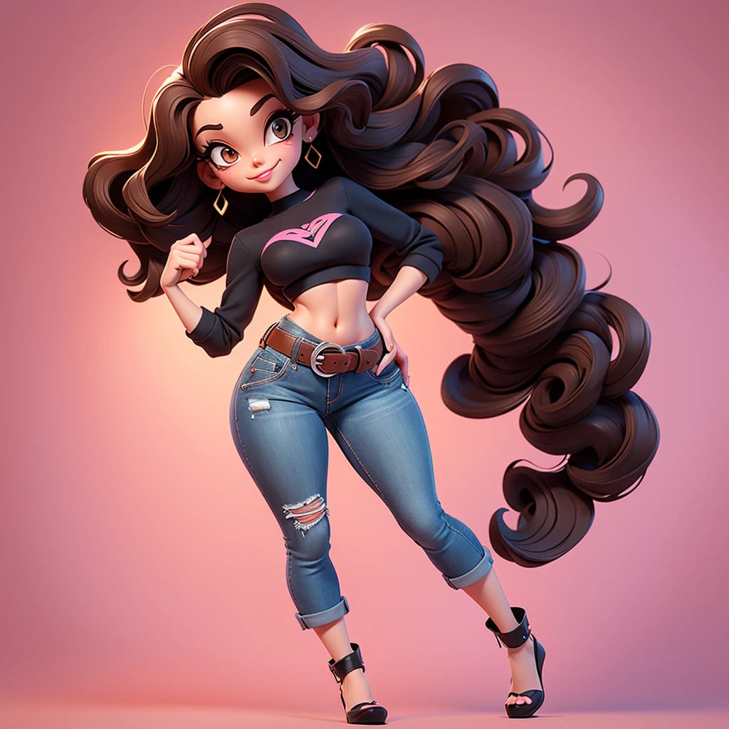 A sexy cartoon woman in jeans and pink crop top posing gracefully for a photo, beauty in jeans, wavy brown hair, Waist slender, cebelos black sexy girl, mulher de corpo inteiro, wearing jeans, beautiful seductive woman, slender figure, cartoon vector style, corpo pin-up, Broad Hips