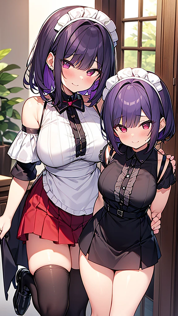 最high quality, high quality, Super detailed, 32k, Ultra-detailed details, Sister and maid, (Standing, pretty girl, beautiful purple hair, short hair, Beautiful RED eyes, mature, Big Breasts, A light smile, Red eyes, Off-the-shoulder sleeveless Summer clothes, Summer casual maid clothes, Short skirt, Blue and white color striped underwear, Black knee socks, loafers, My crotch is wet with love juice, 18-year-old,cute), {{The succubus peels the skin off her sister's face, sticks it on her face, and seduces her by dressing her as a maid.}}, She has transformed from a shy maid into a lewd one., A maid with her sister's face stuck on her face is vigorously pistoning her body, A maid who moves her body vigorously without caring if her breasts bounce, Super detailed, Full body image, ((Head to Toe:1.3)), NSFW