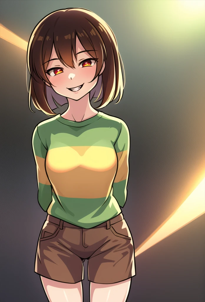 masterpiece, best quality, detailed, 1girl, striped shirt, t-shirt, brown shorts, lens flare, bloom, outside, standing, chara, chara \(undertale\), evil smile, young, , ((one stripe)), arms behind back,  