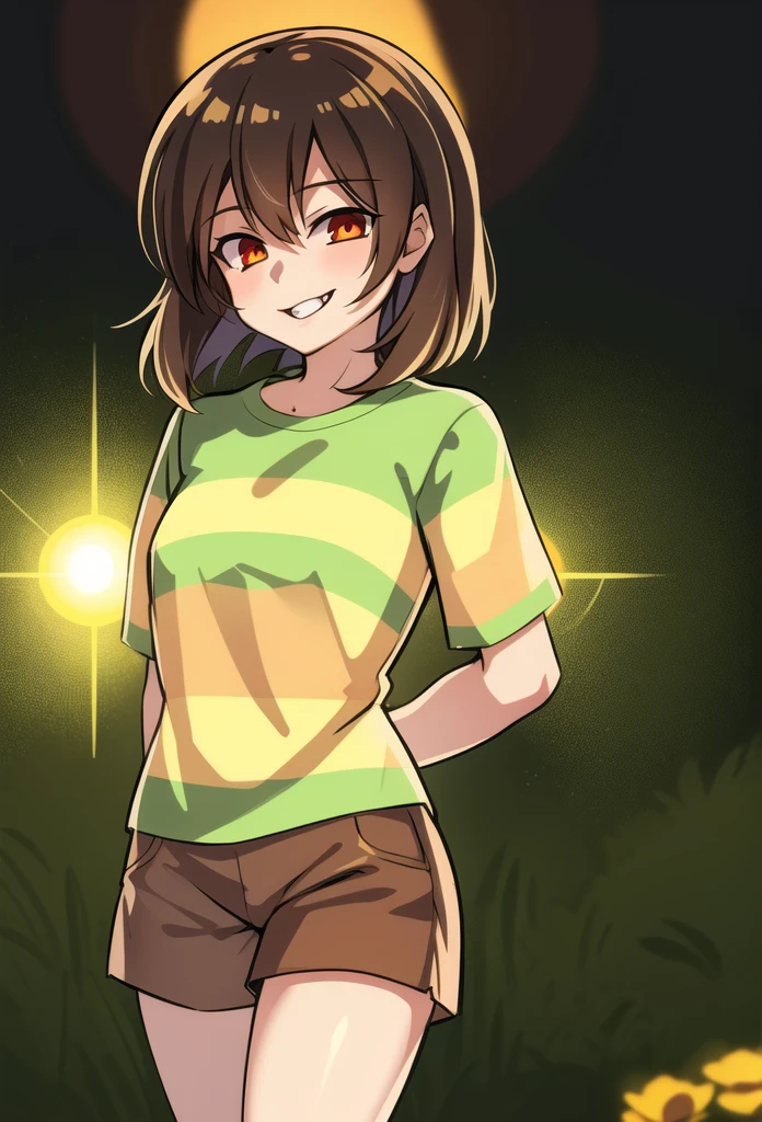 masterpiece, best quality, detailed, 1girl, striped shirt, t-shirt, brown shorts, lens flare, bloom, outside, standing, chara, chara \(undertale\), evil smile, young, , ((one stripe)), arms behind back,  