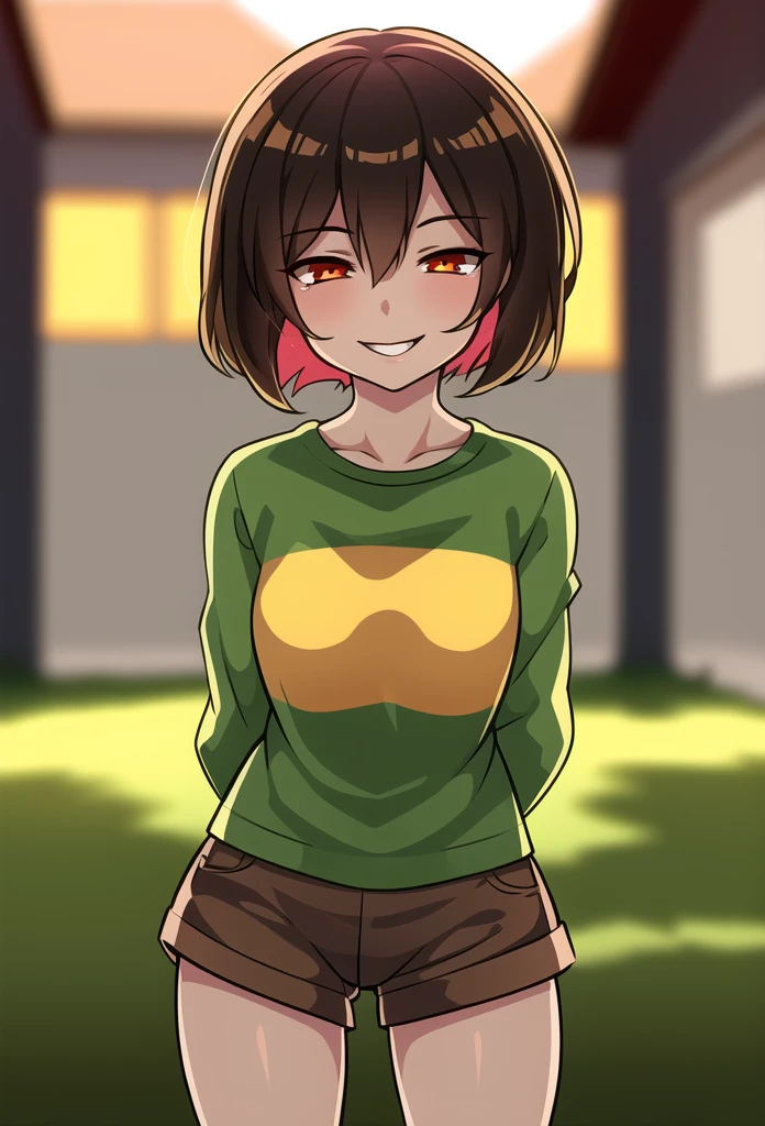 masterpiece, best quality, detailed, 1girl, striped shirt, t-shirt, brown shorts, lens flare, bloom, outside, standing, chara, chara \(undertale\), evil smile, young, , ((one stripe)), arms behind back,  