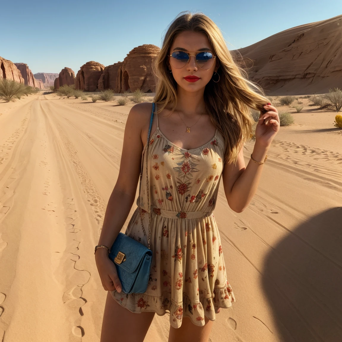 a girl, 28 years old, ((best quality)), ((detailed)),(masterpiece), (American), ((blue eyes)) long hair, freckles, red lips, slightly smiling, standing, sunglasses on her face, wearing a colorful short dress, small handbag in one hand, ((desert carpet road background in side)), capture to thighs