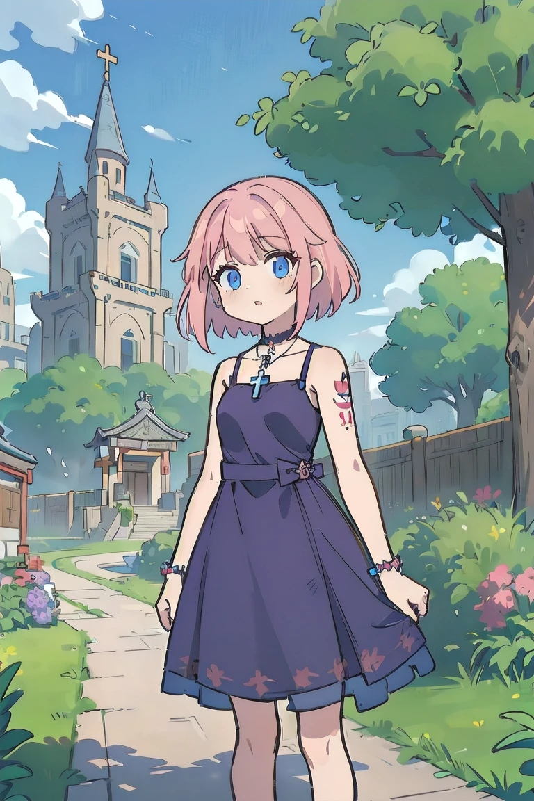 (masterpiece, best quality:1.2), 1girl, bare shoulders, breasts, choker, collarbone, cross, dress, jewelry, looking at viewer, necklace, parted lips, pink hair, purple dress, short hair, sleeveless, small breasts, solo, tattoo, bangs, black choker, black dress, cowboy shot, cross necklace, sleeveless dress, medium hair, shoes, background with ((architecture, blue sky, building, bush, castle, city, cityscape, cloud, cloudy sky, day, fence, field, garden, grass, ground vehicle, hill, house, lamppost, landscape, mountain, mountainous horizon, nature, no humans, outdoors, palm tree, park, path, pavement, plant, road, rock, scenery, shrine, sky, skyline, skyscraper, street, tower, tree, tree shade, wall))