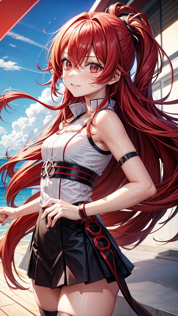 red braids, long red hair, pink eyes, small breast, white clothes, girl, adult, half-naked, lots of red braids, lots of red hair