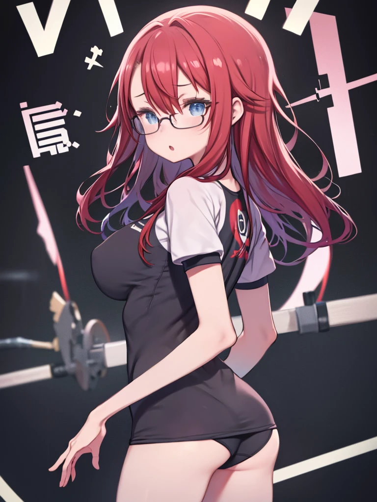 One Woman、Red Hair、long hair、Hair between the eyes、blue eyes、Glasses、Big Breasts、White gym clothes、Short sleeve、(black bloomers)、gym shorts、△ Mouth、Watching the audience、Embarrassed、Clothes that fit the body、Upper Body、Looking Back、Her butt is sticking out、