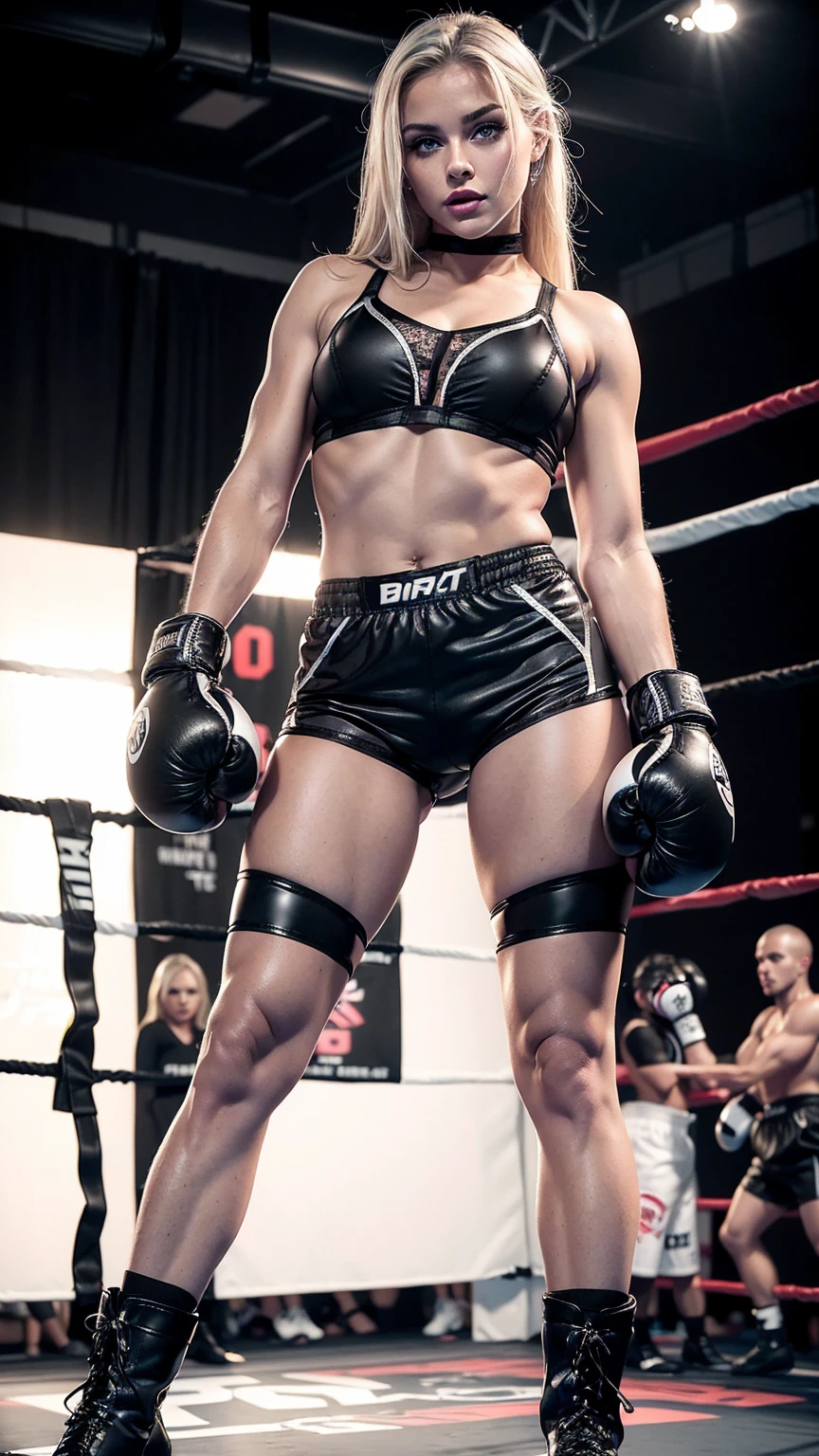 Beautiful cute blonde bimbo, 18 years old, (young cute sexy bimbo face), ((black boxing shorts:1.5)), ((sexy black boxing shorts:1.3)), ((tiny bra:1.3)), ((black boxing boots:1.3)), blue eyes, straight blonde hair, muscular arms, toned body, boxing gloves, (lipstick, heavy makeup:1.3), ((black boxing shorts:1.3)), all-american fitness model, blonde bombshell, cute barbie, slutty makeup, perky breasts, small firm breasts, intimidating pose in a boxing ring, ((full body portrait:1.3)),
