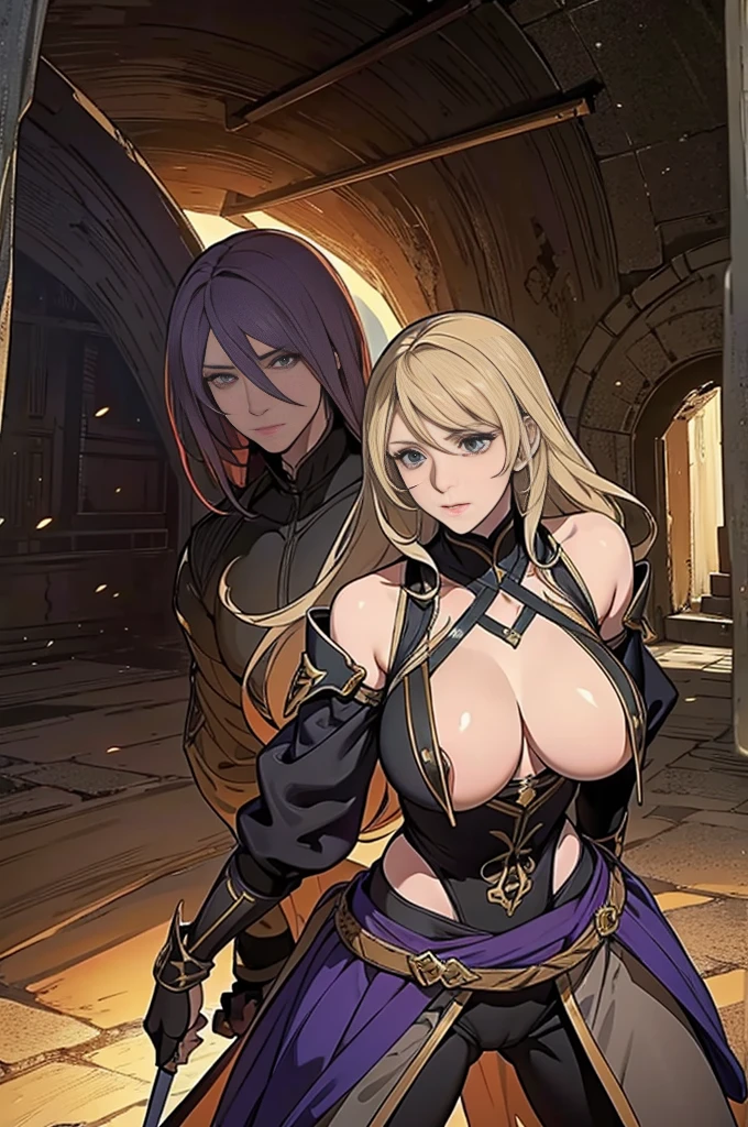 best quality, official art, masterpiece, textile shading, HDR, very detailed, colorful, best details, fantasy, battle armor, 1 human female, 25 years old, 3 boys bandits, Multiple horny bandits, Anxious and frightened expression, standing on stairs, Inside the cave, Dim brightness, choppy hair, big breast, skinny, Surrounded by a horde of bandits:1.9、Bandits in heat, Feeling like about to be attacked, mysterious atmosphere、cameltoe:1.3, looking back, ground level shot:1.9, fighting stance,