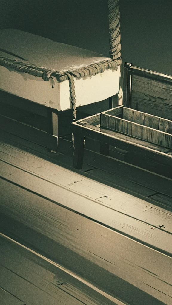 The Mary Celeste's deck is empty, with loose ropes and intact barrels, creating a feeling of abandonment and mystery, in a dark and silent setting.