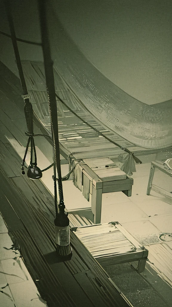 The Mary Celeste's deck is empty, with loose ropes and intact barrels, creating a feeling of abandonment and mystery, in a dark and silent setting.