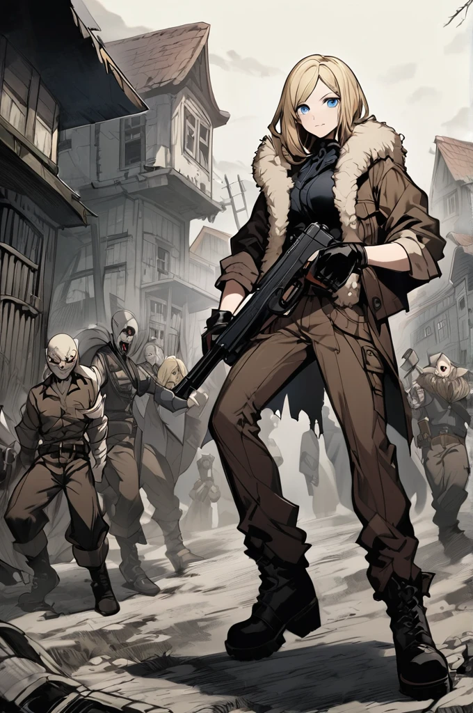 Tall, pale woman, long straight blonde hair, blue eyes, large defined breasts, dressed in a black shirt and a sheepskin jacket, brown pants, boots, gloves with cut off fingers,Holding a pistol, resident evil 4 style strange village background