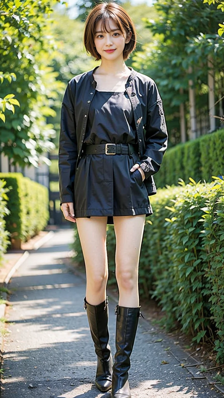 (8K、RAW Photos、Highest quality、masterpiece:1.2)、(Realistic、Realistic)、1 Girl、((Check mini skirt、Jacket、smile、black、Thin legs、whole body、boots、one piece、tights、garden、View from the front、Looking into the camera、belt、Stand with hands on hips))、cute