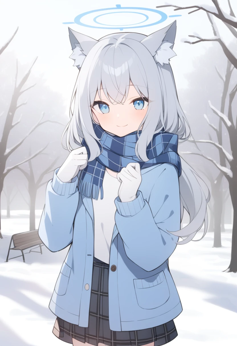 girl,Silver long hair, blue eyes, Wearing a blue hooded jacket,戴着Blue hood,A sky blue scarf, A white T-shirt, White gloves, And black plaid skirt, Standing in the park,Smile, blue halo,Blue hood,戴着Blue hood,Gray wolf ears,cold winter