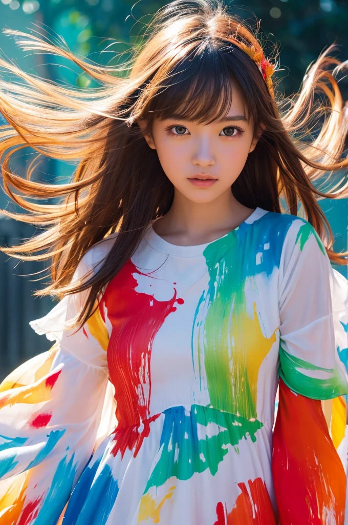 A beautiful Japanese girl is depicted in a vertical portrait, emerging from a vibrant splash of multicolored paint. She has long, dark hair with bangs framing her delicate face, and her expression is serene and captivating. She wears a semi-transparent, lightweight dress with a flowing, thin fabric that complements the fluidity of the paint around her.
The background is a light, neutral color, allowing the vivid colors of the paint to stand out. The paint splashes are rendered in dynamic, sweeping arcs, with hues of green, yellow, orange, blue, and red, creating a sense of movement and energy. The artist employs digital painting techniques to achieve a high level of detail, particularly in the textures of the paint and the delicate fabric of the dress.
The lighting is soft and even, casting gentle highlights on the girl's face and the paint, enhancing the overall sense of depth and realism. The use of bright, saturated colors and dynamic composition creates a visually striking and lively image.