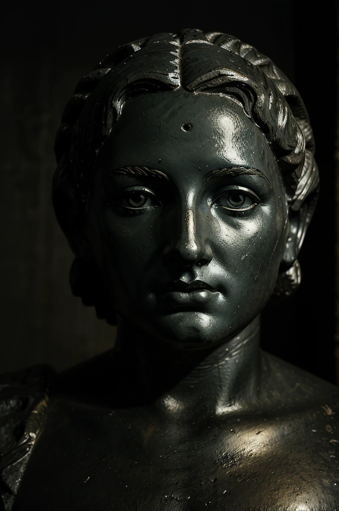 The face of the Greek statue of the Oracle of Delphi on a dark background