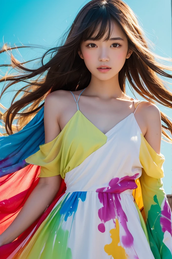 A beautiful Japanese girl is depicted in a vertical portrait, emerging from a vibrant splash of multicolored paint. She has long, dark hair with bangs framing her delicate face, and her expression is serene and captivating. She wears a semi-transparent, lightweight dress with a flowing, thin fabric that complements the fluidity of the paint around her.
The background is a light, neutral color, allowing the vivid colors of the paint to stand out. The paint splashes are rendered in dynamic, sweeping arcs, with hues of green, yellow, orange, blue, and red, creating a sense of movement and energy. The artist employs digital painting techniques to achieve a high level of detail, particularly in the textures of the paint and the delicate fabric of the dress.
The lighting is soft and even, casting gentle highlights on the girl's face and the paint, enhancing the overall sense of depth and realism. The use of bright, saturated colors and dynamic composition creates a visually striking and lively image.