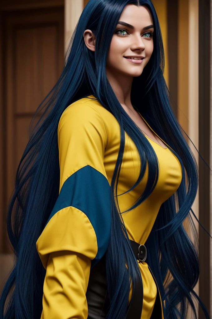 generates young adult with rough features,  with dorsal plates on the back and a long tail , degenerates an image of long dark hair with blue tones, yellow eyes and red pupils , tall and muscular, with black clothes , with a mischievous and flirtatious smile 2d style