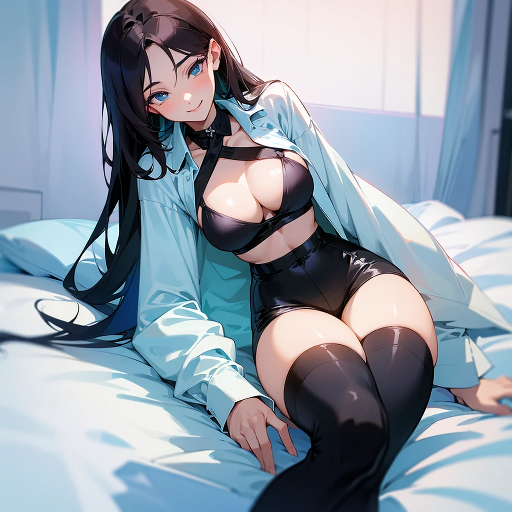 21 year old young man, long dark hair light blue eyes, big breasts and wide waist, very sexy, dressed in an open shirt at the bottom and white mini shorts, sitting on the bed with your hand on your breasts, Simple smile.