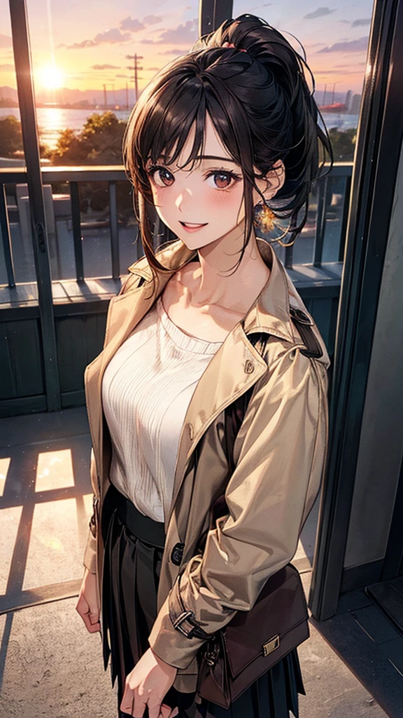 (masterpiece:1.3, Highest quality, Ultra-high resolution, Super detailed), (Realistic, photoRealistic:1.4), Beautiful illustrations, Perfect lighting, colorful, Depth of written boundary, Beautiful detailed hair, Beautifully detailed face, Beautiful fine details, Droopy eyes、Beautiful clavicle, Beautiful body, 美しいLarge Breasts, Beautiful thighs, Beautiful feet, Beautiful fingers, View Viewer、Front view:0.6, Beauty1人, Japanese, Beauty、30 years old, Perfect Face, (Perfect Anatomy, Anatomically correct), Cute and symmetrical face, Baby Face, , Shiny skin, (with thin belt、Beige long sleeve A-line collared shirt dress:1.4) (Dark brown hair, Short Hair:1.4),braided bangs、 Dark brown eyes, Large Breasts, Slim body, necklace, Small earrings:1.1, (Beautiful views), (night), (city, cityscape in the distance), Riverside、bench、benchに座っている, A soft smile、(Smile, Lips parted),