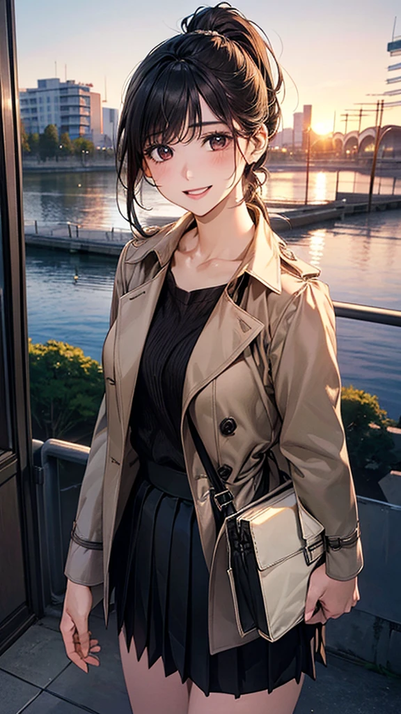 (masterpiece:1.2, Highest quality), (Realistic, photoRealistic:1.4), Beautiful illustrations, (Natural Side Lighting, Cinema Lighting), Browsing Caution,
View your viewers, 1 Girl, Japanese, Beauty、30 years old, Perfect Face, Cute and symmetrical face, Shiny skin,
(Medium Hair, Black Hair、ponytail), Swept-apart bangs, Dark brown eyes, Droopy eyes, Long eyelashes, (Medium chest), Slim body,
Beautiful Hair, Beautiful Face, Beautiful attention to detail, Beautiful clavicle, Beautiful body, Beautiful breasts, Beautiful thighs, Beautiful feet, Beautiful fingers,
(Beige trench coat, Black blouse, Box Pleated Skirt)、Shoulder bag、
(Beautiful views), sunset, (Riverside)、 Are standing, (smile, Open your mouth a little),