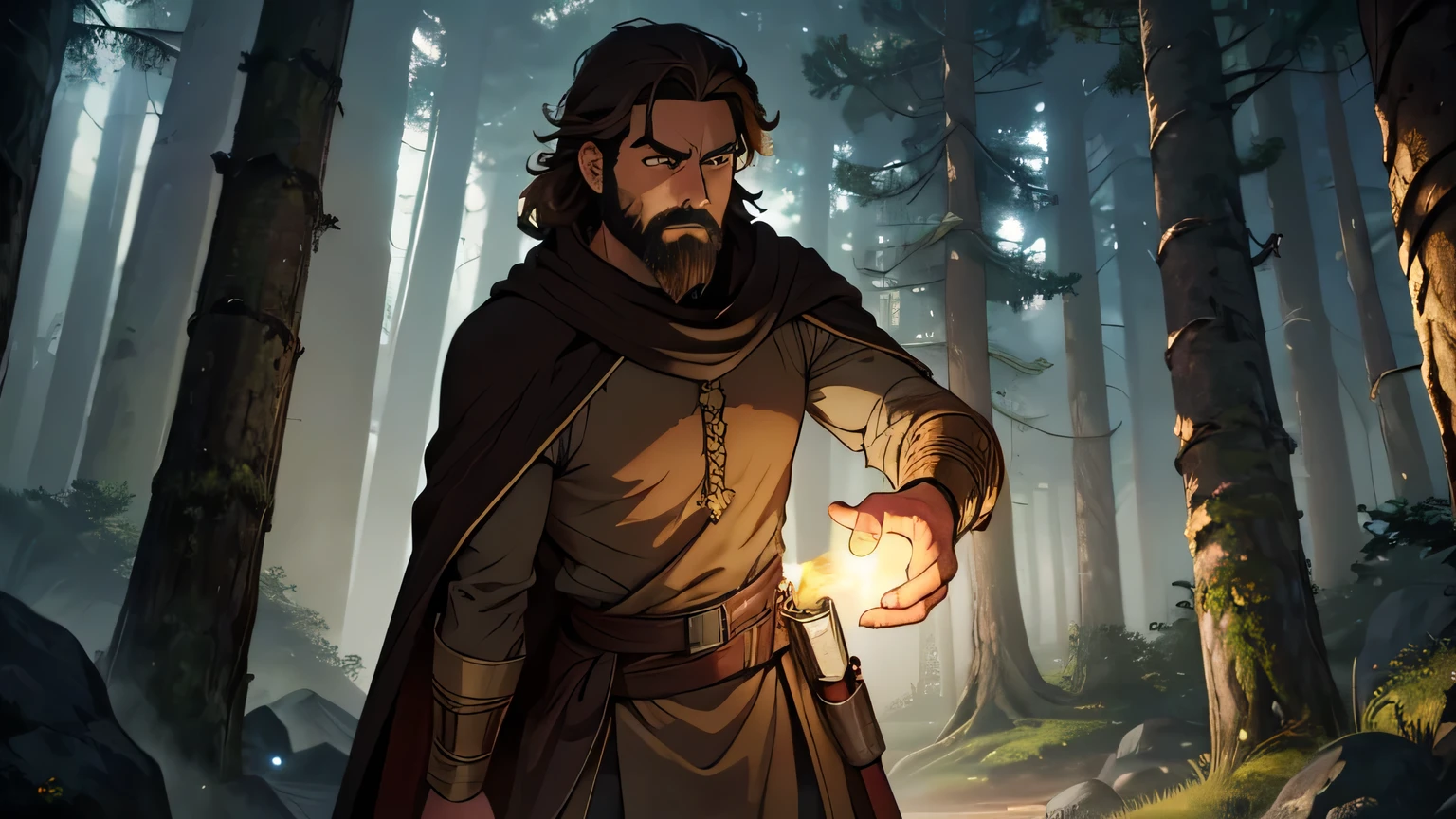 Worried-faced man with dark brown beard, long dark brown hair, light yellow-brown eyes and dark brown and light brown tunic from the 4th century BC. C., with a light brown cloak, about 50 years old, throwing brown stone with his hand, in a dark and mysterious forest at night, movement scene in the forest, changing lighting, hyperrealistic, cinematic lighting,