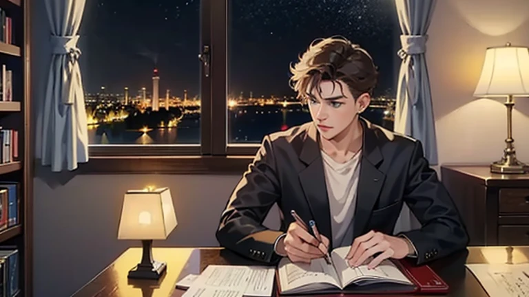 little boy, 20 year, short-hair, brown, greeneyes, estilo rebelde, like James Dean, Wearing Headphones, studying with laptop, notebook and books, next to a large window, with a view of the illuminated city `the night. na sala, lighting from a table lamp, with a cup of coffee