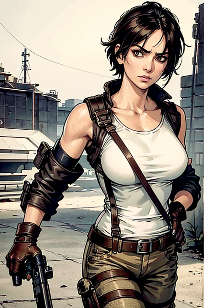 a military woman, well trained body, white sleeveless t-shirt, Exposed collarbone, beige leather shelter, blue pants, two leather belts with gun pockets, dark brown hair, carving, Brown eyes, hazel left eye, left eye with a scar, beach shore, at daytime, walking towards the viewer, serious expression, threatening expression looking at viewer, sparkling beach, palm trees around, leather gloves on his hands, In a post-apocalyptic environment, post - apocalyptic cowgirl, Post - Apocalyptic style, Post apocalyptic clothing, pose, post-apocalyptic, Postapocalyptic style, post apocalyptic grunge, Post - Apocalyptic Scavenger. (Ultra quality) 8k quality, detailed, perfect light, perfect angle, perfect sharpness.