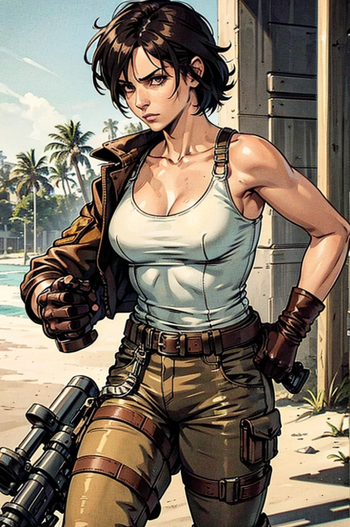 a military woman, well trained body, white sleeveless t-shirt, Exposed collarbone, beige leather shelter, blue pants, two leather belts with gun pockets, dark brown hair, carving, Brown eyes, hazel left eye, left eye with a scar, beach shore, at daytime, walking towards the viewer, serious expression, threatening expression looking at viewer, sparkling beach, palm trees around, leather gloves on his hands, In a post-apocalyptic environment, post - apocalyptic cowgirl, Post - Apocalyptic style, Post apocalyptic clothing, pose, post-apocalyptic, Postapocalyptic style, post apocalyptic grunge, Post - Apocalyptic Scavenger. (Ultra quality) 8k quality, detailed, perfect light, perfect angle, perfect sharpness.