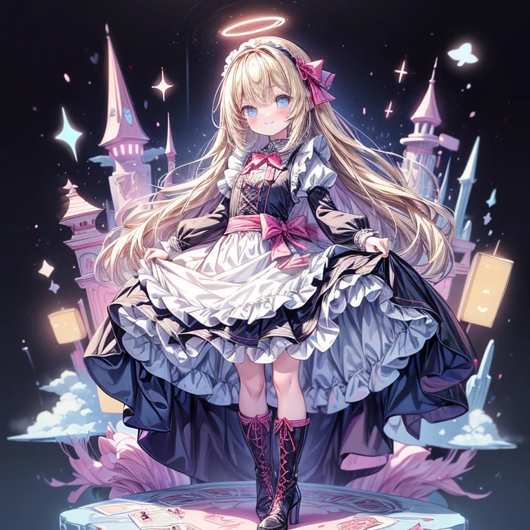 (Tabletop, Highest quality、Very detailed、Very detailedな目), (perfect athletic body:1.2), (Thin Hair), Very detailed, Anime Style, whole body, alone, Fantasy Blonde Hair, Blue Eyed Girl, Apron dress like Alice in Wonderland, Playing cards with your hands, Red Hairband, Black-purple miasma swirls, There are many whispers of the dark devil floating around, Nightmarish sights, Standing in the Wilderness, High heel boots, Digital Painting, 8K high resolution, Trend Art Station,  whole body, Bad smile,background＿Distorted clock:1.5、Kawaii Tech、