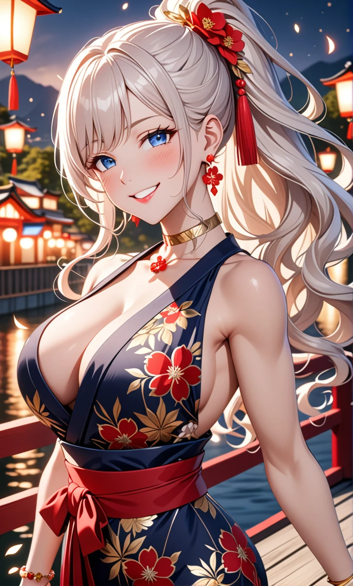 ultra-detailed, ((one girl)), ((a girl with white hair girl)), (face focus), hyper detailed, absurdres, 8K, Beautiful Face, (Laugh shyly), ((teasing smile:1.8)), ((Wink:1.8)), (Laugh with your mouth wide open),((Tilt your head:1.1)), View your viewers, ((Bright red cheeks:1.6)),Glossy Red Lips, ((Big Breasts:1.5)), (valley),night, Riverside,On Bridge, firework, (Brighten your face), ((Anime style background)),masterpiece, Highest quality, so beautiful,Latest, Complex details, (Pink long nails), (nail art), (ring),(bracelet), (Floral Choker),AI-generated, Complex,High resolution, Highest quality, super high quality,3D Images、3D Images,One person,((White long hair)),(High Ponytail), (wavy hair:1.3), Fair-skinned anime woman posing for a photo, ((Fine grain、blue eyes、glowing eyes:1.4)), ((add white color to blue eyes)), (Squint your eyes:1.1),a hyperRealistic , hyperRealistic , Realistic, Anime woman with long white hair, Smooth anime CG art, A girl in a gorgeous kimono with gold embroidery, ((black furisode:1.3),(Red floral pattern) ,Long flower hair ornament,Floral Earrings,Mature Body, tall,Abdominal muscles,Tight waist,((arched back:2.0)), (front view),