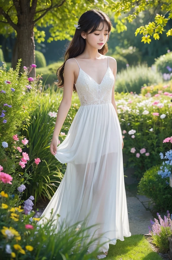 One girl, alone, whole body, (masterpiece:1.21), (Highest quality:1.2), colorful, (figure:1.2), (Cinema Lighting:1.1), (Bare shoulders:1.21), (clavicle:1.21)
In this whimsical and fantastical garden, The scene is illuminated in rainbow colors (colorful fireflies), Dancing in the air. The garden is nicely decorated (Drizzle), Creates a foggy, dreamy atmosphere. In the center of the scene, There is one girl, Very delicate and beautiful girl, With a cute face and innocent expression. Her long hair is blowing in the wind. She's not wearing a dress with shoulder straps, It's super low cut, Accentuating her delicate curves.
The lighting is very delicate and beautiful, Creates a soft, warm glow that accentuates water, Shine like a diamond. Even the finest grass is illuminated, Making a lush carpet. The garden is surrounded by colorful flower fields, Flowers of all colors and shapes bloom in full glory. (colorfulな蝶), Of all colours and sizes, I can see him flying around the scene., Adds to the overall sense of wonder and magic. (Look AI Viewer),I can see that her nose is red., And her mouth is slightly open, Overall, it has a sense of innocence and youth.々It gives a sense of beauty.. I see petals falling all around her, Enhances your overall sense of romance and beauty. A gentle breeze blows through the scene, Rustling leaves、Shaking the flowers, Enhances overall movement and vitality. This is a sight of pure wonder and magic., Full of color and beauty, A place where viewers can immerse themselves in a fascinating and enchanting world..