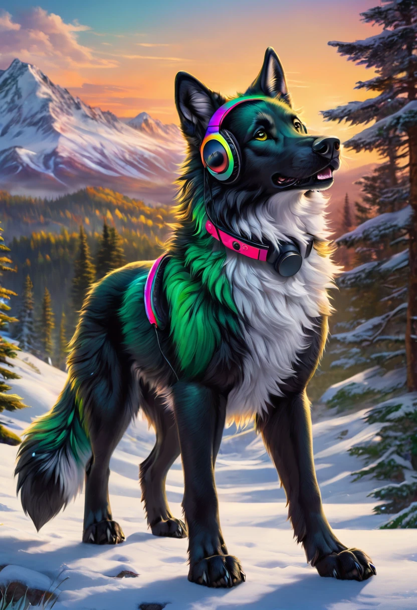 masterpiece, Highest quality, male, Wolf-like dog, Dark green fur, Strong Body, Gentle expression, Bushy tail, Quadrupedal, He is wearing black cordless headphones around his neck., A world of black and white, Contrast,Moderate:shape, Detailed dog fur, Vibrant colors, Playful expressions, Sharp focus, Detailed landscape, Whimsical atmosphere, Delicate texture,