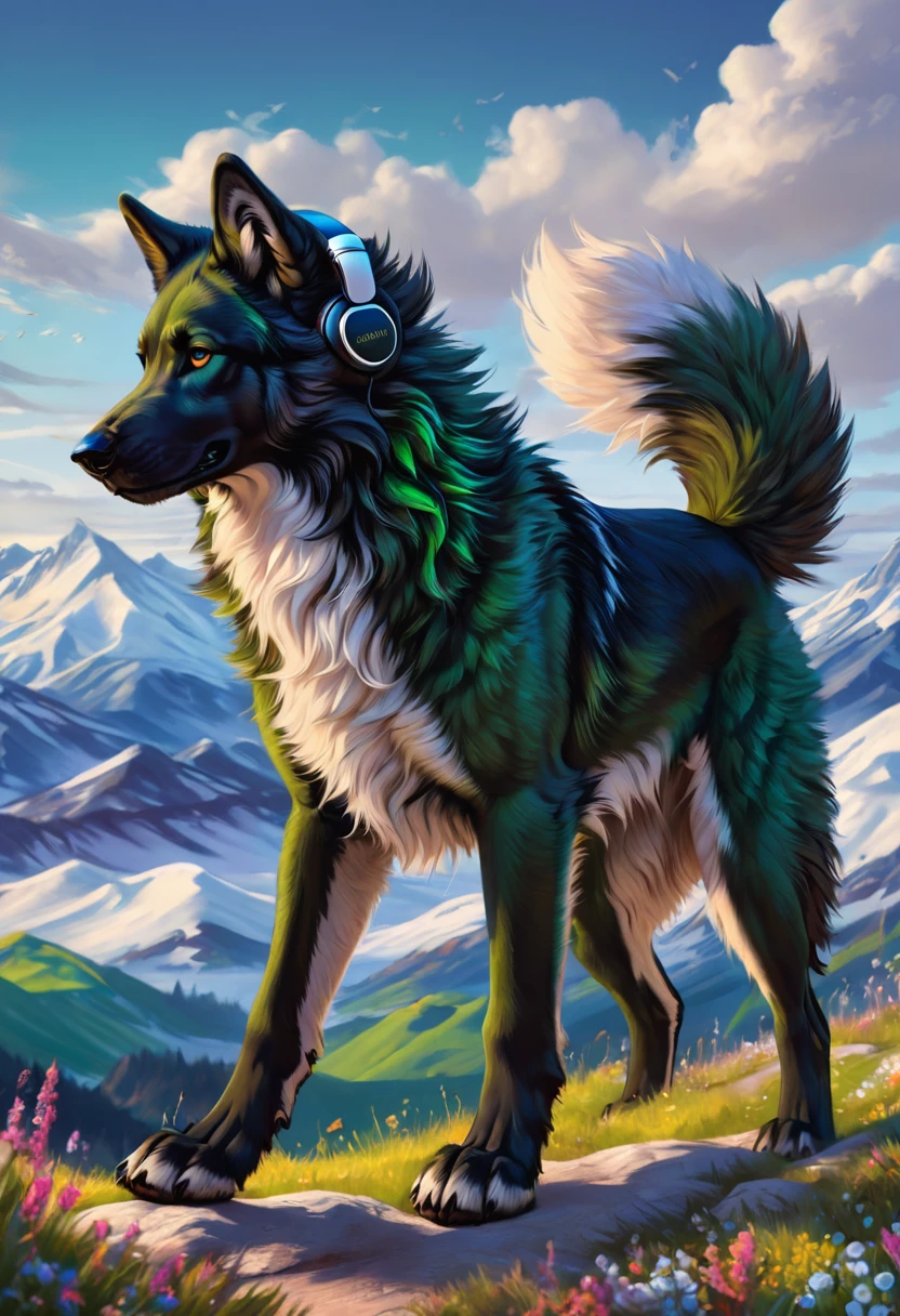 masterpiece, Highest quality, male, Wolf-like dog, Dark green fur, Strong Body, Gentle expression, Bushy tail, Quadrupedal, He is wearing black cordless headphones around his neck., A world of black and white, Contrast,Moderate:shape, Detailed dog fur, Vibrant colors, Playful expressions, Sharp focus, Detailed landscape, Whimsical atmosphere, Delicate texture,