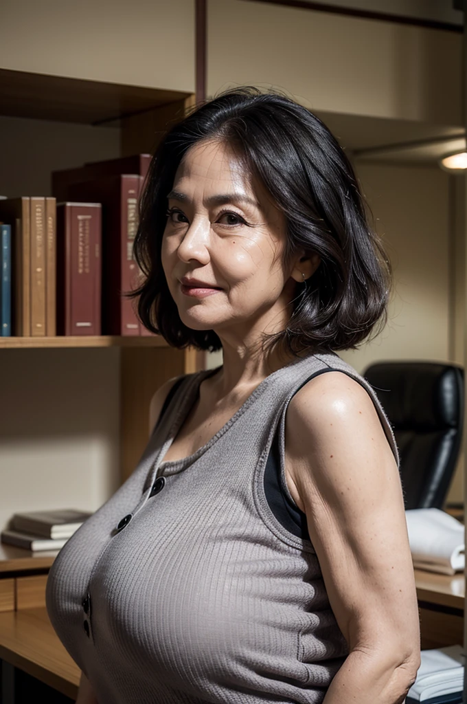 (masterpiece:1.4),(Beautiful 63 year old woman:1.5),(Facial wrinkles : 1.2), (facing away : 1.3), white skin, pores, skin blemishes, dull skin, gentle smile, wavy bob hair, maternal, Mature Woman, upper body shoot, office worker, (smooth fabric), (polyester black vest with button), white short sleeve shirt, (bursting fat arms : 1.1), (plump arms : 1.3), (thin waist : 1.2), (focus on upper arms), working at library, detailed backgrounds,