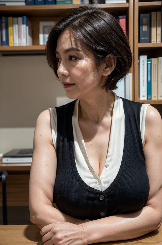 (masterpiece:1.4),(Beautiful 63 year old woman:1.5),(Facial wrinkles : 1.2), (facing away : 1.3), white skin, pores, skin blemishes, dull skin, gentle smile, wavy bob hair, maternal, Mature Woman, upper body shoot, office worker, (smooth fabric), (polyester black vest with button), white short sleeve shirt, (bursting fat arms : 1.1), (plump arms : 1.3), (thin waist : 1.2), (focus on upper arms), working at library, detailed backgrounds,