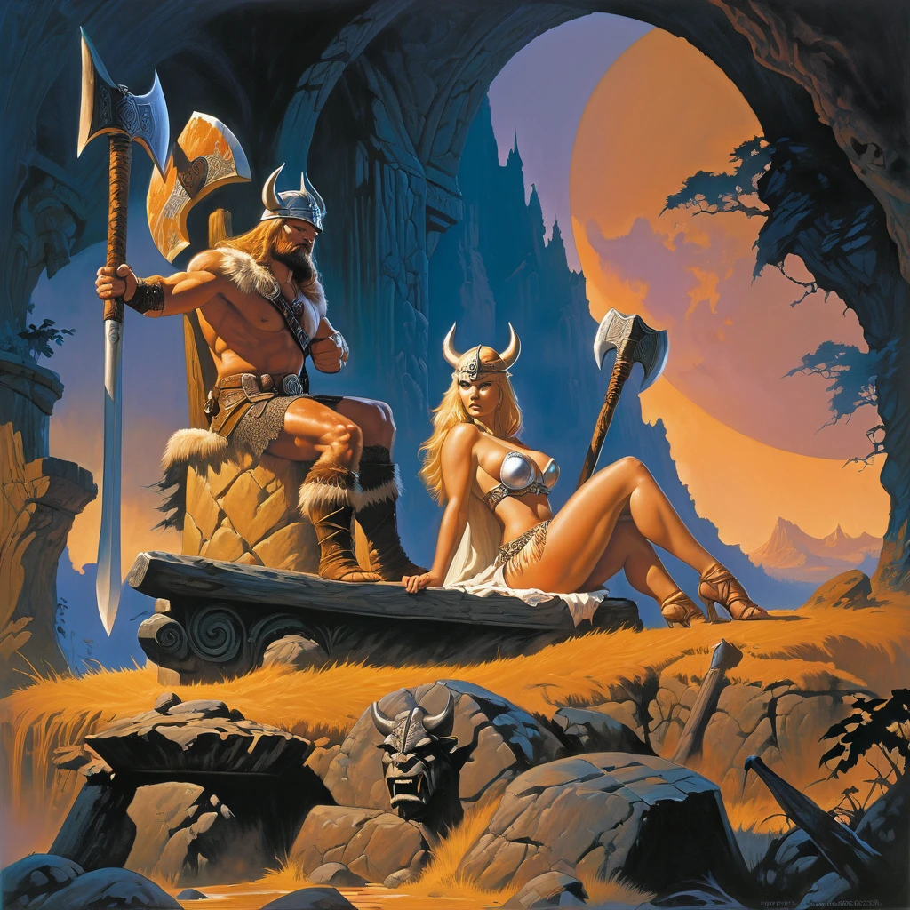 painting of a couple of people sitting on a throne with a large axe, mark brooks frank frazetta, tyler edlin fantasy art, by Tim Hildebrandt, by Johannes Helgeson, female viking, by Greg Hildebrandt, adrian smith fantasy art, norse goddess, by Tim and Greg Hildebrandt, barbarian, michael whelan and karol bak, by Daniel Ljunggren