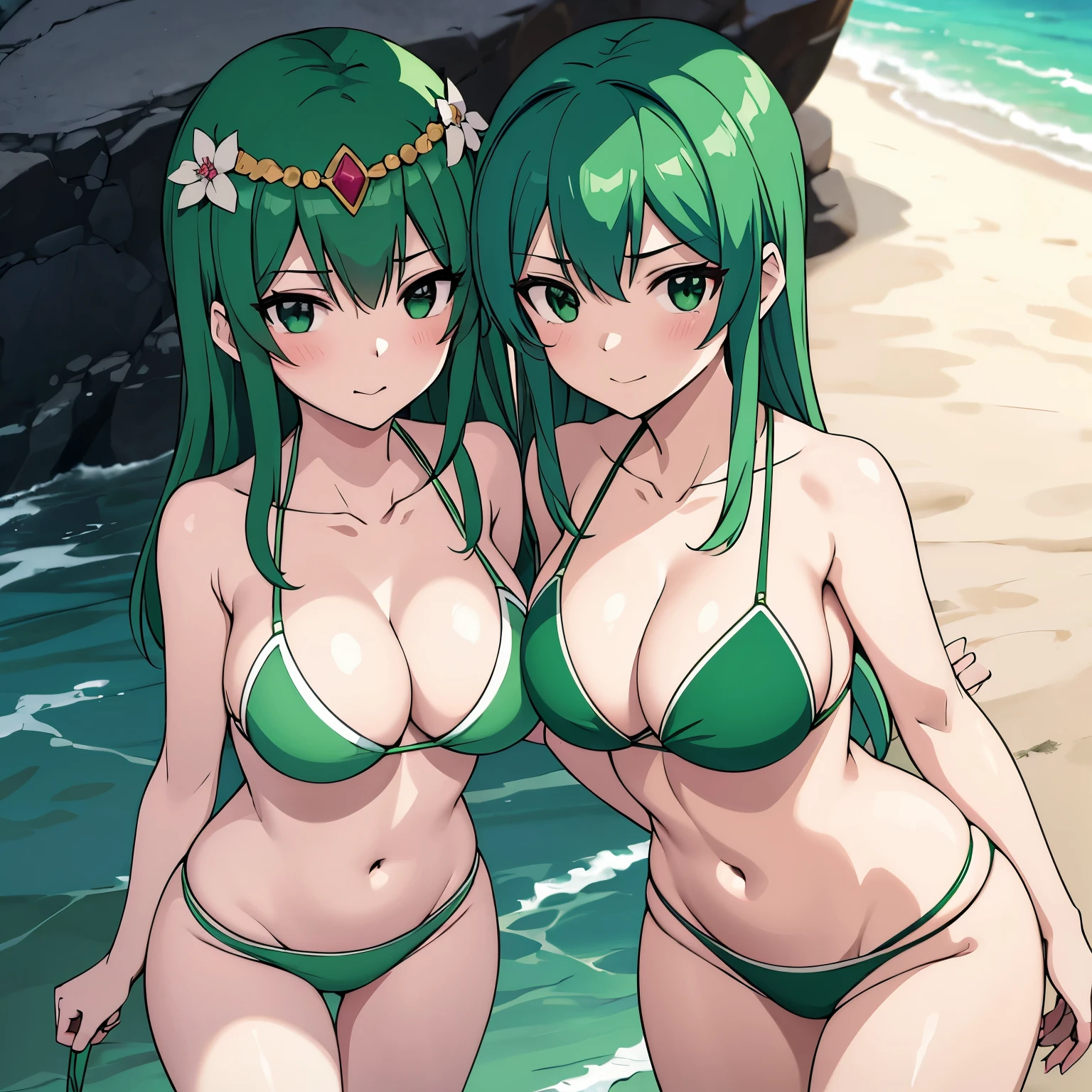 Hisui E. Flower, Woman 18 years old, green hair, emerald eyes , SMILE, blush, , bikini amarillo y verde, background playa tropical. 1 sola mujer .. chica sola accesorio en su cabeza. pechos granuerpo mojado, imagen de cuerpo completo.