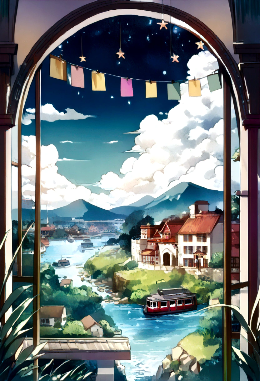 (((Ghibli)))、(((Countryside landscape illustration))), ((Tanabata))、((Port town、Inland Sea)), Night Sky、Twinkling stars、Dreamy atmosphere、Fluffy Clouds、star island、Beautiful Landscape、Paddy field、Mountain、river、Tram、station