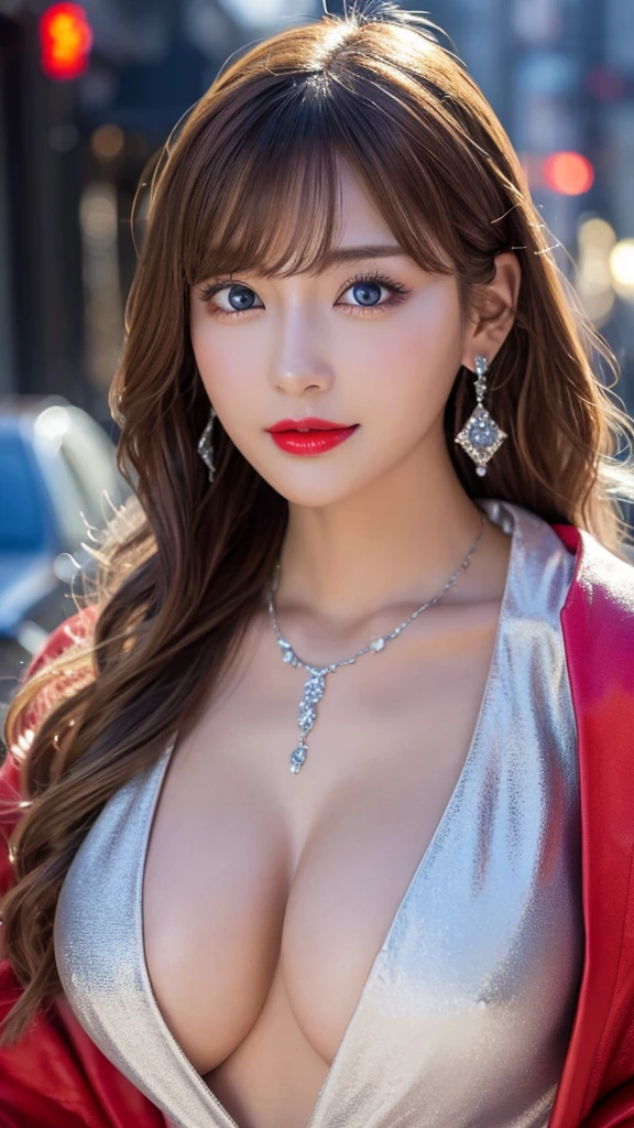 Urban beautiful girl college student, masterpiece, light makeup, Red lips, Silver Hair, Disheveled long hair, Street background, beautiful, elegant. Extremely fine detail, Master Works, Authentic texture, Realism in film lighting, Perfect job, 16K, High resolution, exquisite features,blue eyes、Japanese Idols、beautiful顔、Cute Smile、Brown Hair、beautiful hair、Stylish hairstyle,glamorous、 Big Breasts、Erect nipples、Greasy muscles、Shiny skin、Sunburned skin、Glowing dark skin、Wear a bathrobe in the bathroom, Bright big eyes, Smooth Skin, Earrings, necklace, tattoo