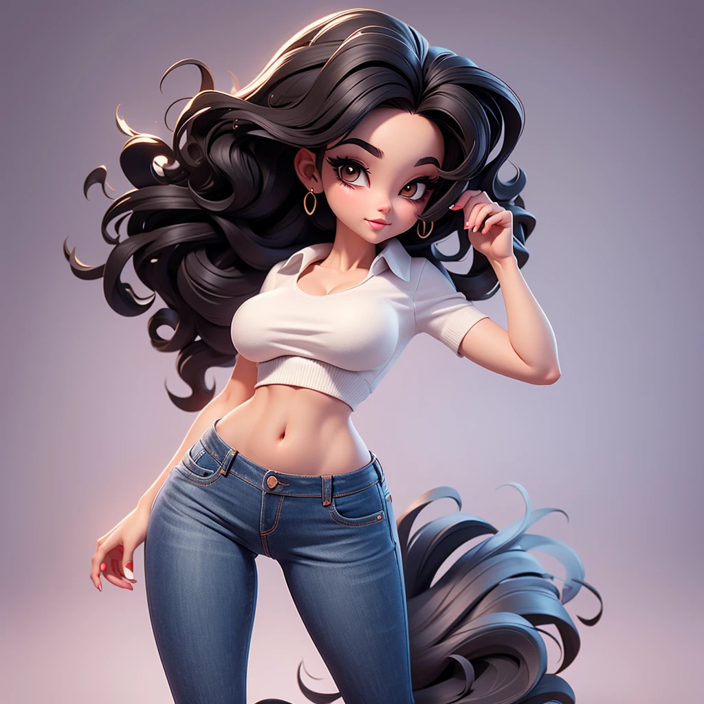 A sexy cartonn woman in jeans and white crop top posing gracefully for a photo, beauty in jeans, wavy black hair, Waist slender, sexy girl, mulher de corpo inteiro, wearing jeans, beautiful seductive woman, slender figure, cartoon vector style, corpo pin-up, Broad Hips