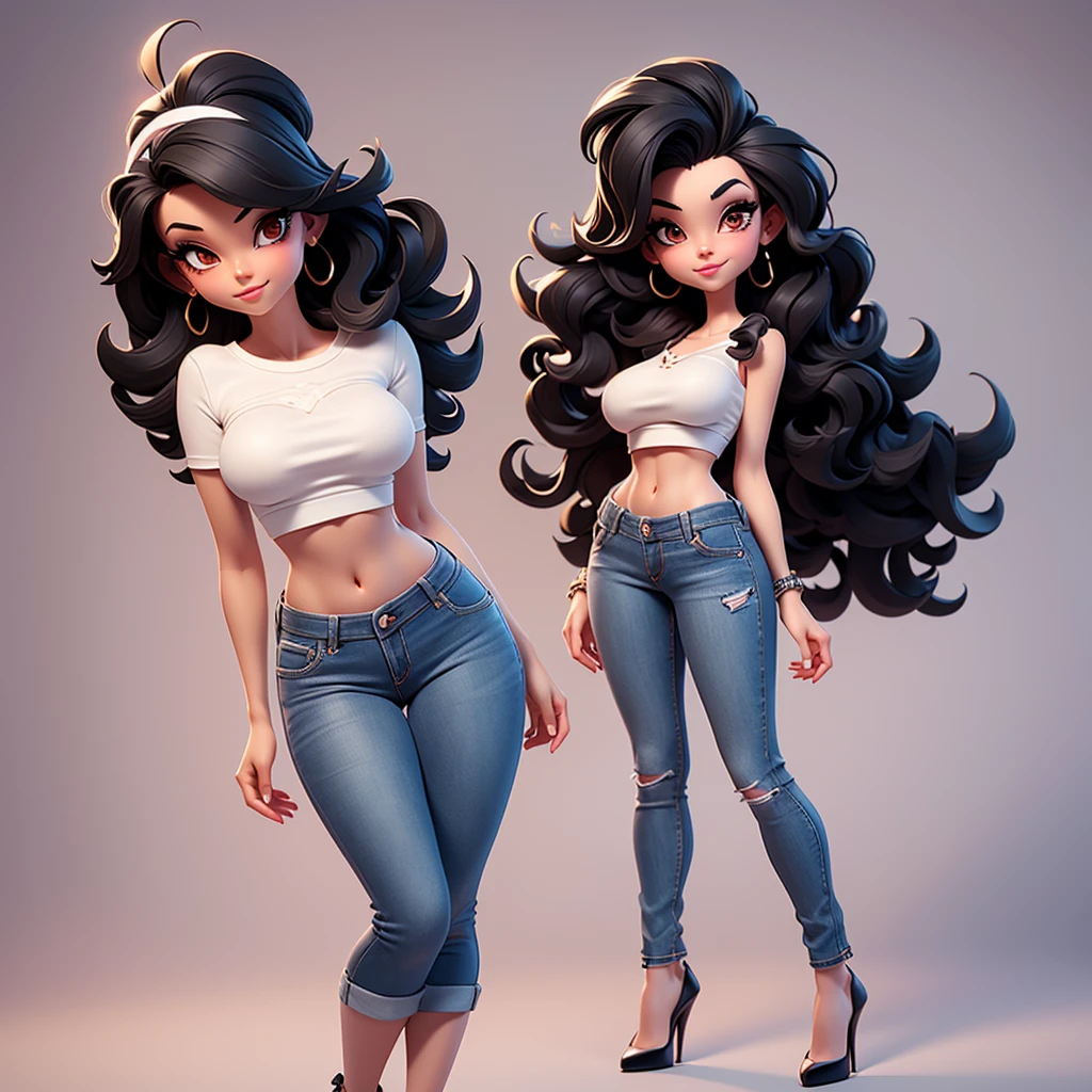 A sexy cartonn woman in jeans and white crop top posing gracefully for a photo, beauty in jeans, wavy black hair, Waist slender, sexy girl, mulher de corpo inteiro, wearing jeans, beautiful seductive woman, slender figure, cartoon vector style, corpo pin-up, Broad Hips