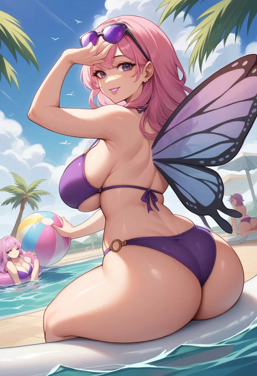 best aesthetic, 1girl, solo, long hair, breasts, back towards viewer, looking at viewer, smile, bangs, very large breasts, really huge butt, big butt, swimsuit, cleavage, pink lipstick, kiss marks, outdoors, sky, day, bikini, cloud, tree, water, pedal, blue sky, butterfly wings, purple bikini, pink pool float, inflatable butterfly wings, arm floaties, beach ball, sunglasses, palm tree, beachball, beach umbrella, ocean waves, a beautiful young woman with long pink hair, wearing a purple bikini and sunglasses, lounging on a pool float while kissing a beach ball in a sparkling blue pool. She is surrounded by tropical flowers and palm trees, and the scene is set against a backdrop of a bright blue sky with fluffy white clouds. The woman's pose is sexy and seductive as she floats in the pool, enjoying the sunshine. The colorful flowers, pool float, and her bold purple bikini all contribute to the fun, summery vibe. The overall atmosphere is cheerful and lighthearted, capturing the essence of a perfect poolside day.