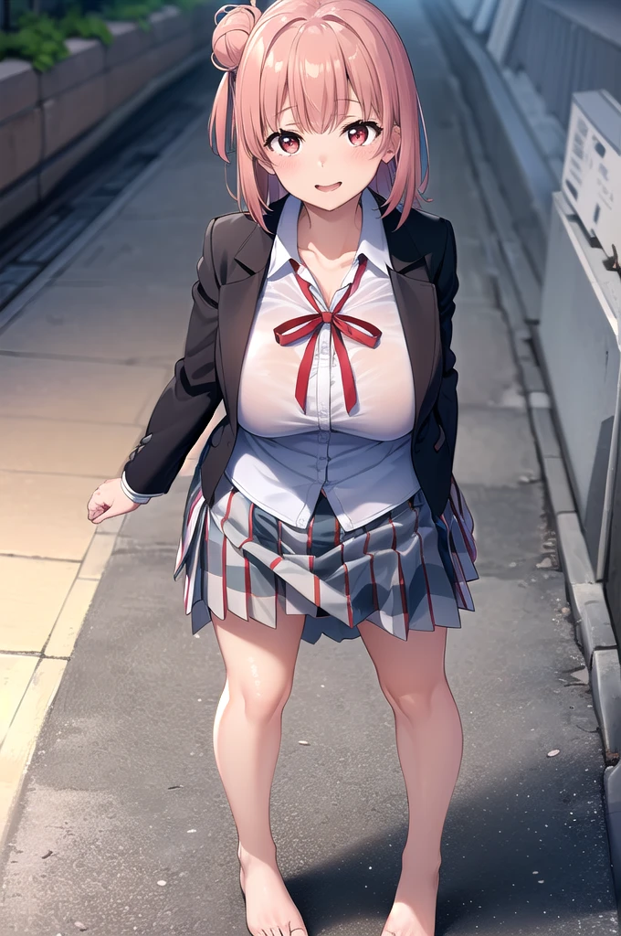 masterpiece, Highest quality, High resolution, ayui, short hair, Single hair bun, Red eyes, Small head, clavicle, Neck ribbon, White shirt, Dress shirt, blazer, Black jacket, Open jacket, Long sleeve, Checked skirt, smile, blush, Outdoor, White thighs, (Huge breasts), (Wide pelvis), (Are standing), (Very large_Lower Body:1.5), (Very thick_feet:1.5), (Fully exposed pussy 1.5), (Pussy in full view:1.5), (Breasts fully exposed 1.5), (Skirt flip:1.5), (スカート that rolls up:1.5), (feetをクロスさせる:1.5), (Looking up at the crotch from below_perspective:1.5), (Looking at the audience), (Cowboy Shot)