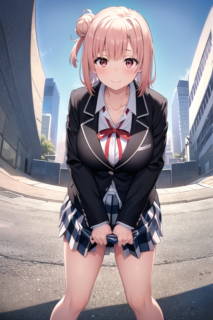 masterpiece, Highest quality, High resolution, ayui, short hair, Single hair bun, Red eyes, Small head, clavicle, Neck ribbon, White shirt, Dress shirt, blazer, Black jacket, Open jacket, Long sleeve, Checked skirt, smile, blush, Outdoor, White thighs, (Huge breasts), (Wide pelvis), (Are standing), (Very large_Lower Body:1.5), (Very thick_feet:1.5), (Fully exposed pussy 1.5), (Pussy in full view:1.5), (Breasts fully exposed 1.5), (Skirt flip:1.5), (スカート that rolls up:1.5), (feetをクロスさせる:1.5), (Looking up at the crotch from below_perspective:1.5), (Looking at the audience), (Cowboy Shot)