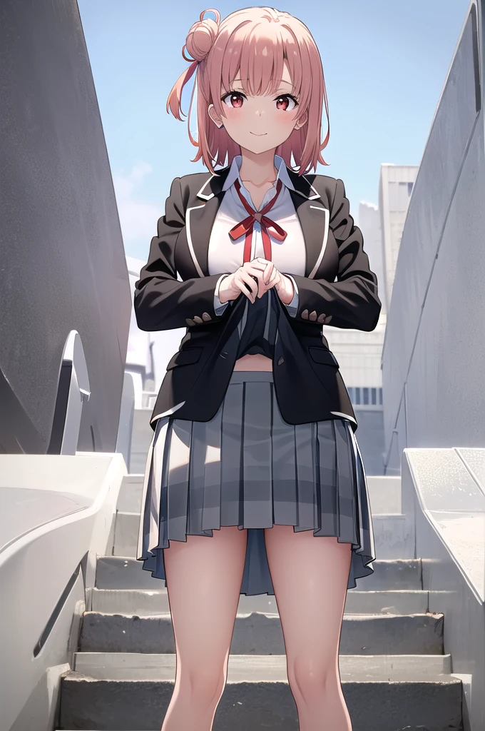 masterpiece, Highest quality, High resolution, ayui, short hair, Single hair bun, Red eyes, Small head, clavicle, Neck ribbon, White shirt, Dress shirt, blazer, Black jacket, Open jacket, Long sleeve, Checked skirt, smile, blush, Outdoor, White thighs, (Huge breasts), (Wide pelvis), (Are standing), (Very large_Lower Body:1.5), (Very thick_feet:1.5), (Fully exposed pussy 1.5), (Pussy in full view:1.5), (Breasts fully exposed 1.5), (Skirt flip:1.5), (スカート that rolls up:1.5), (feetをクロスさせる:1.5), (Looking up at the crotch from below_perspective:1.5), (Looking at the audience), (Cowboy Shot)