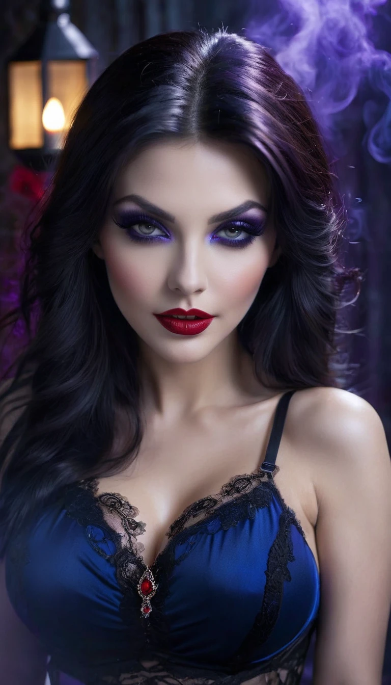 (MOST BEAUTIFUL GIRL IN THE WORLD), (LARGE BREASTS AND CLEAVAGE VIEWER CAN NOT SEE BREASTS), (CUTE SMILE RED LIPS),(RAW),(best quality,4k,8k,highres,masterpiece:1.2),ultra-detailed,(realistic,photorealistic,photo-realistic:1.37),concept art portrait of Vampira,high saturation,detailed eyes,detailed lips,long hair flowing in the wind,pale skin,gothic clothing,expressive facial expression,vivid colors,studio lighting,subtle shadows,sharp focus,ethereal feel,raven black hair,red lipstick,intense gaze,elaborate jewelry,elaborate makeup,horror theme,fierce and alluring presence,nighttime setting,dramatic lighting,creative composition,underlying sense of mystery,striking and captivating,subtle hues of purple and blue,contrast between light and dark,haunting beauty,transcends reality,dimly lit room,smoke and mist effects,subtle reflections,subtle glow from candles and lanterns,hints of supernatural elements.